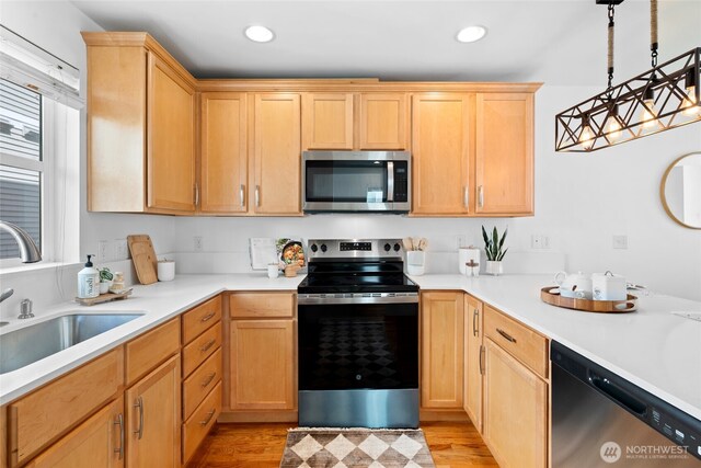 1123 N 94th St Unit A, Seattle, WA 98103 - kitchen featuring appliances with stainless steel finishes, a sink, light countertops, recessed lighting, and light wood-style flooring