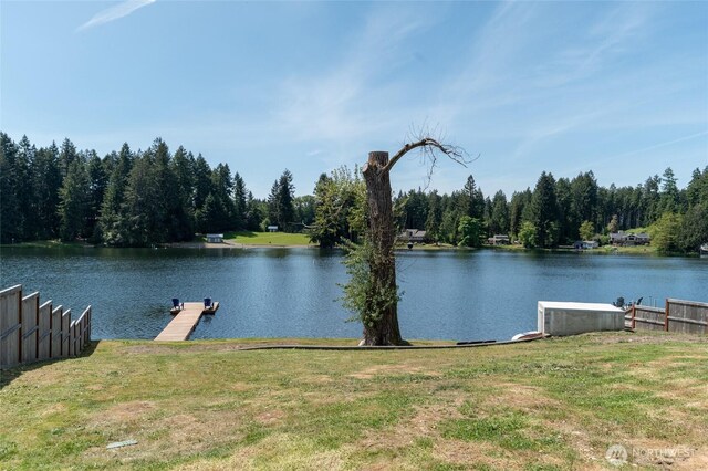 dock featuring a water view and a forest view