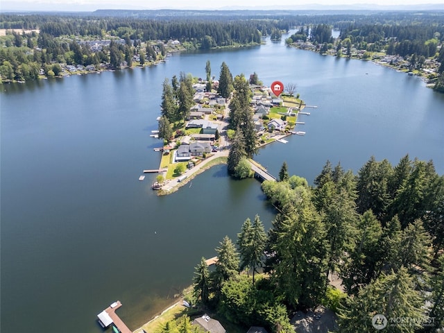 bird's eye view of a heavily wooded area and a large body of water