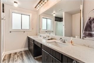 bathroom with double vanity, baseboards, wood finished floors, and a shower