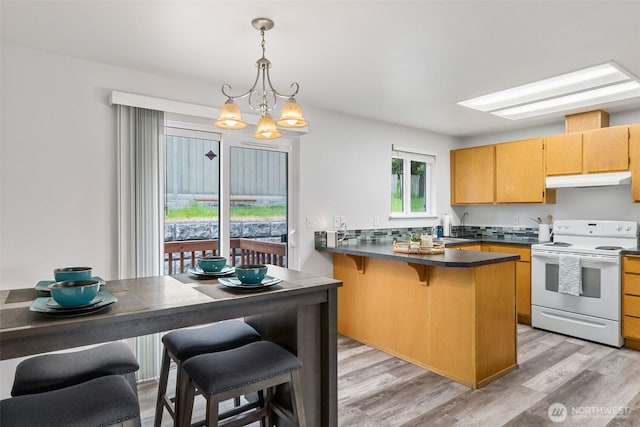 60 E Treewater Pl, Shelton, WA 98584 - kitchen with electric range, a peninsula, dark countertops, a kitchen bar, and under cabinet range hood