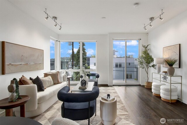 living area with rail lighting, wood finished floors, and baseboards