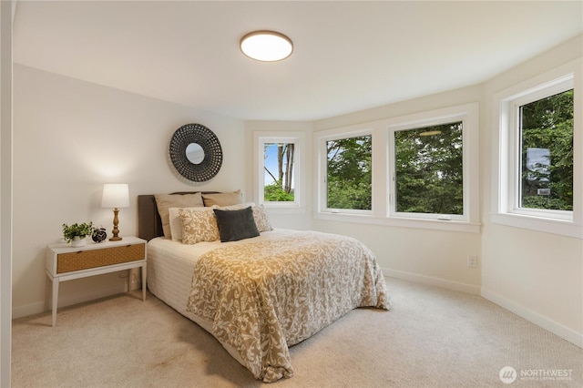 bedroom with baseboards and light carpet
