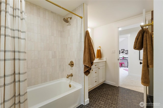 full bathroom with shower / bath combo with shower curtain, baseboards, and vanity