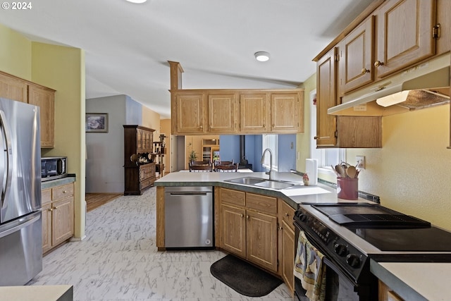 632 Meier Rd, Winlock, WA 98596 - kitchen with stainless steel appliances, under cabinet range hood, a sink, a peninsula, and lofted ceiling