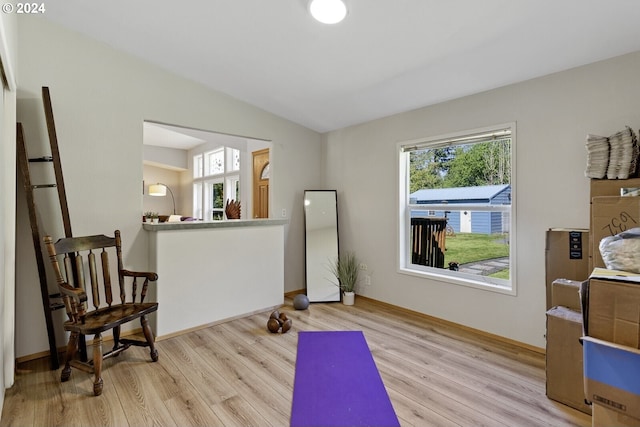 632 Meier Rd, Winlock, WA 98596 - exercise area featuring light wood-style flooring, lofted ceiling, and baseboards