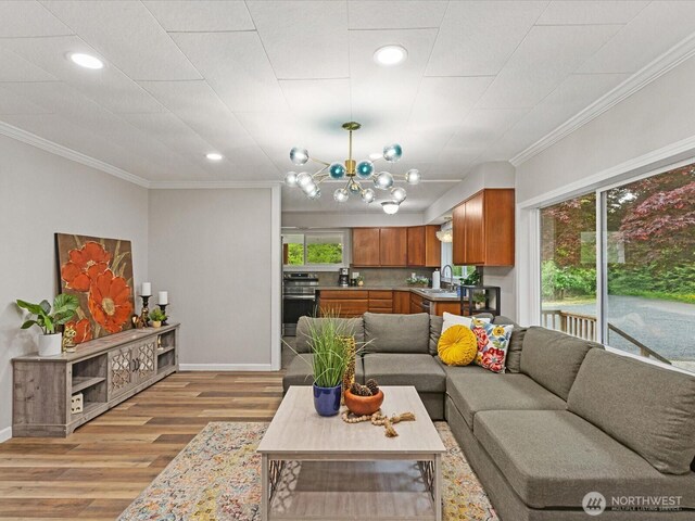 28611 139th Ave NE, Arlington, WA 98223 - living area with healthy amount of natural light, ornamental molding, light wood-type flooring, baseboards, and recessed lighting