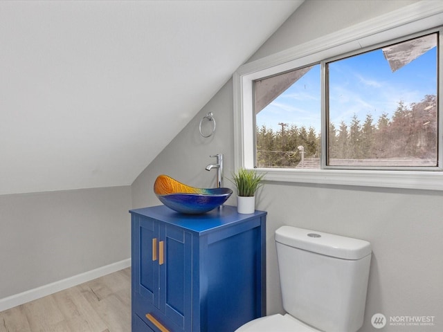 28611 139th Ave NE, Arlington, WA 98223 - bathroom featuring lofted ceiling, wood finished floors, toilet, baseboards, and vanity