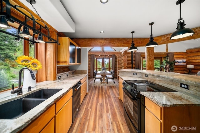 kitchen with rustic walls, black electric range, a sink, light wood finished floors, and dishwasher