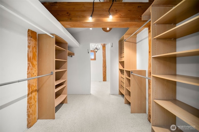 walk in closet with a chandelier