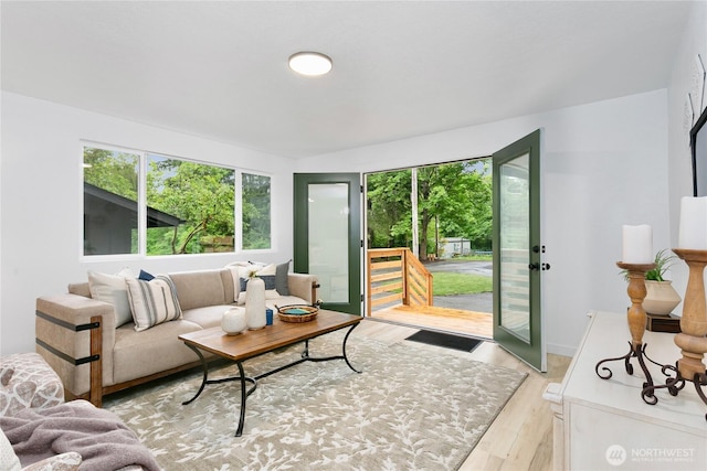 living room with plenty of natural light and light wood-type flooring