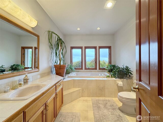 706 W 4th St, Port Angeles, WA 98363 - full bath featuring a bath, vanity, recessed lighting, toilet, and tile patterned floors