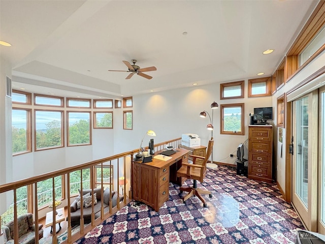 706 W 4th St, Port Angeles, WA 98363 - home office featuring a raised ceiling, ceiling fan, recessed lighting, and carpet floors