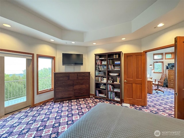 706 W 4th St, Port Angeles, WA 98363 - bedroom with carpet floors, recessed lighting, access to outside, and an office area