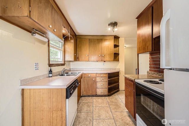 1204 S 229th St, Des Moines, WA 98198 - kitchen with freestanding refrigerator, dishwashing machine, a sink, electric range, and open shelves