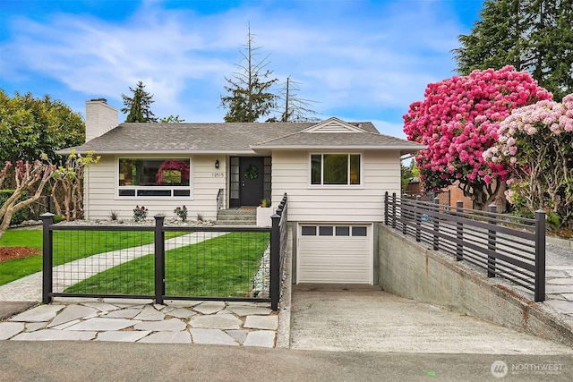 12515 2nd Ave NW, Seattle, WA 98177 - ranch-style home with an attached garage, a chimney, driveway, a shingled roof, and a gate