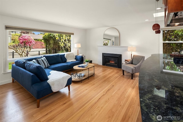 12515 2nd Ave NW, Seattle, WA 98177 - living area with light wood-style floors, healthy amount of natural light, a fireplace, and baseboards