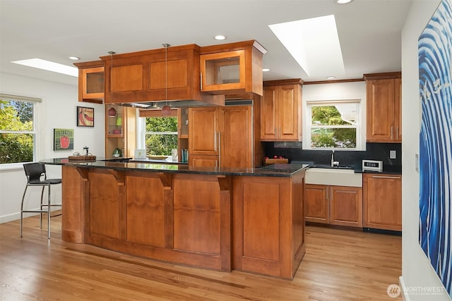 12515 2nd Ave NW, Seattle, WA 98177 - kitchen with a skylight, recessed lighting, light wood finished floors, brown cabinets, and a sink