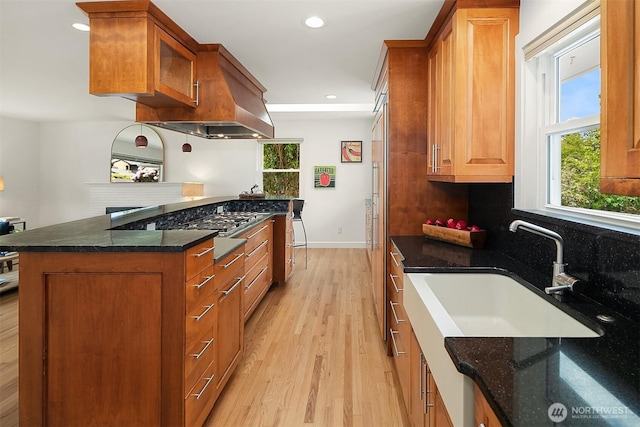 12515 2nd Ave NW, Seattle, WA 98177 - kitchen featuring light wood-type flooring, brown cabinetry, dark stone countertops, a sink, and recessed lighting