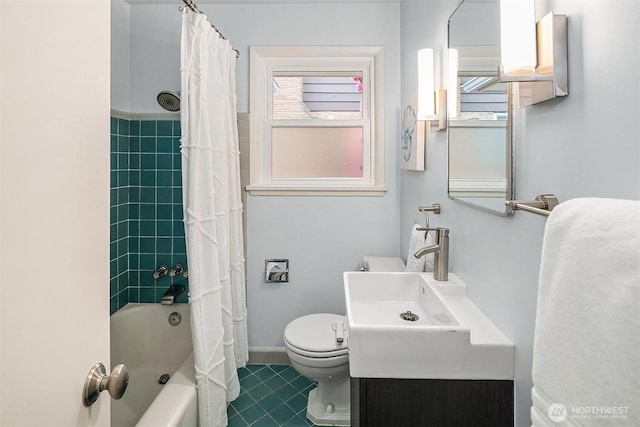 12515 2nd Ave NW, Seattle, WA 98177 - full bathroom with tile patterned floors, toilet, shower / bathtub combination with curtain, and vanity
