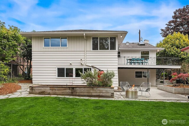 12515 2nd Ave NW, Seattle, WA 98177 - rear view of house with an outdoor fire pit, a patio area, a yard, and roof with shingles