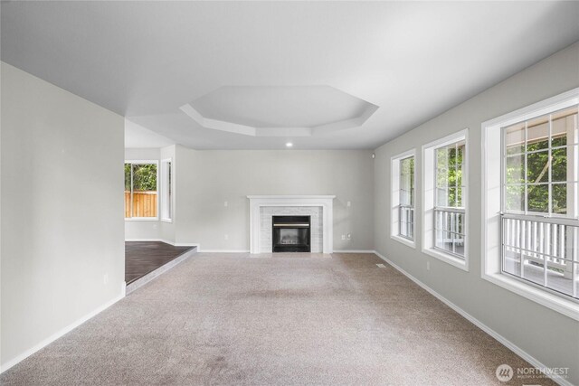 10901 194th Street Ct E, Graham, WA 98338 - unfurnished living room featuring a raised ceiling, carpet floors, baseboards, and a fireplace with flush hearth