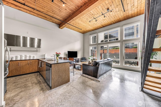 kitchen with wood ceiling, stainless steel dishwasher, finished concrete flooring, a sink, and dark countertops