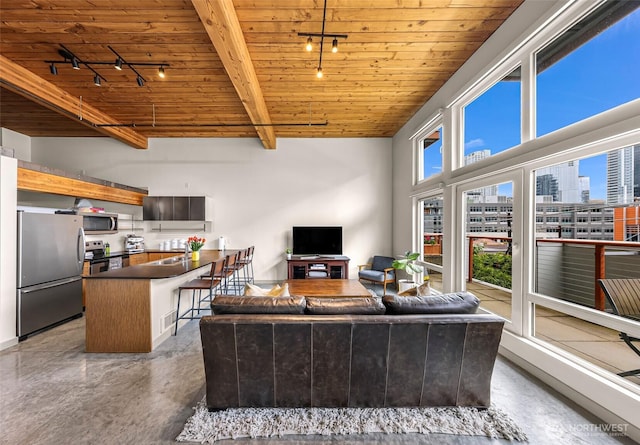 living area featuring track lighting, wood ceiling, finished concrete floors, and beamed ceiling