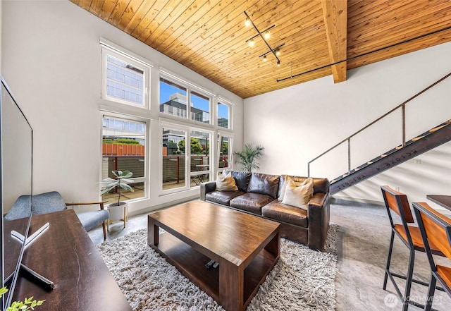 living area with track lighting and wooden ceiling