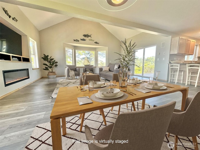 12 Diamond Dr, Pacific Beach, WA 98571 - dining space featuring vaulted ceiling, a glass covered fireplace, and light wood finished floors