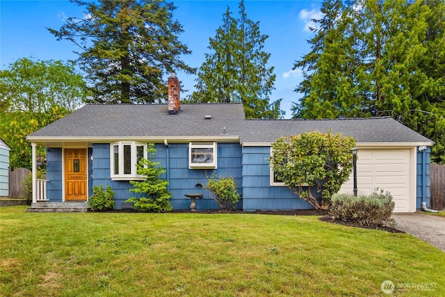 view of front of property with a chimney, an attached garage, a front lawn, driveway, and roof with shingles
