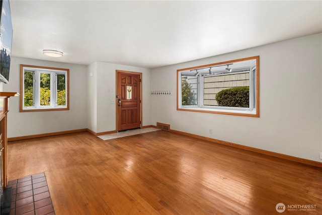 entrance foyer featuring healthy amount of natural light, wood-type flooring, and baseboards
