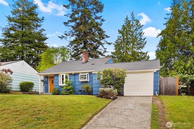 view of front facade featuring concrete driveway, a chimney, an attached garage, and roof with shingles