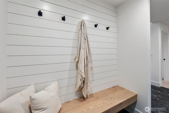 mudroom featuring baseboards and wooden walls