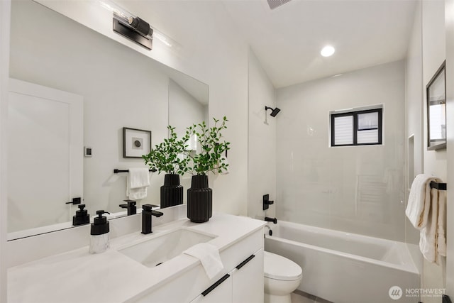 full bathroom with toilet, shower / washtub combination, and vanity