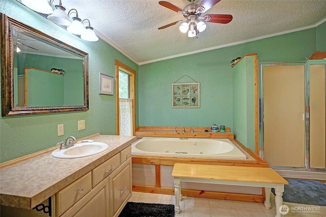 472 Iris Ln, Camano Island, WA 98282 - full bathroom featuring a textured ceiling, a textured wall, crown molding, a stall shower, and vanity