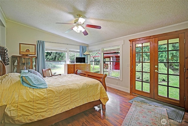 472 Iris Ln, Camano Island, WA 98282 - bedroom featuring a textured ceiling, lofted ceiling, wood finished floors, ornamental molding, and ceiling fan