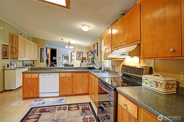 472 Iris Ln, Camano Island, WA 98282 - kitchen featuring stainless steel electric range, white dishwasher, under cabinet range hood, light wood finished floors, and a sink