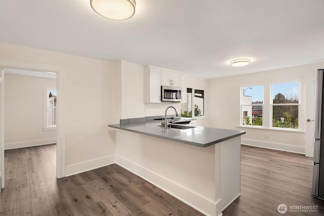 816 N 43rd St, Seattle, WA 98103 - kitchen with stainless steel microwave, a sink, dark wood finished floors, and baseboards