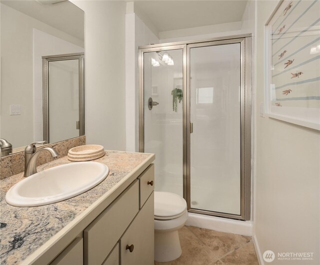 2501 Canterbury Ln E Unit 318, Seattle, WA 98112 - full bathroom featuring vanity, a shower stall, toilet, and tile patterned flooring