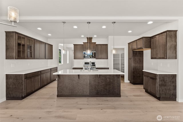2880 75th Ave SW Lot 62, Tumwater, WA 98512 - kitchen with stainless steel appliances, dark brown cabinetry, a kitchen island with sink, light wood finished floors, and recessed lighting