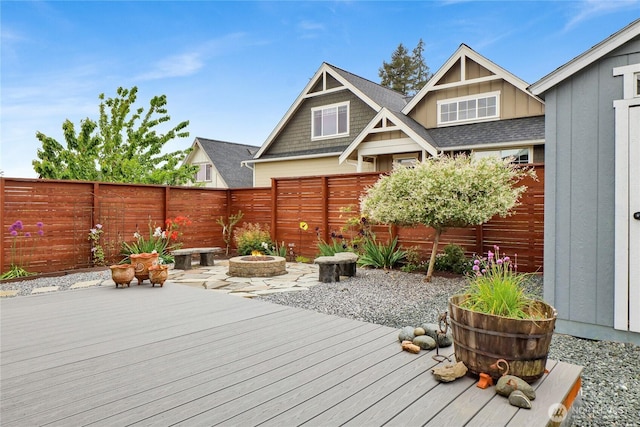 6068 Monument Dr, Ferndale, WA 98248 - wooden terrace featuring an outdoor fire pit and a fenced backyard