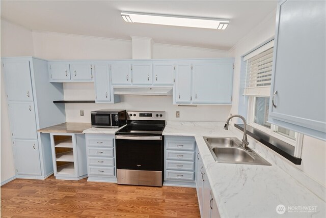 1101 S Scheuber Rd # 27, Centralia, WA 98531 - kitchen featuring electric range, a sink, under cabinet range hood, vaulted ceiling, and open shelves