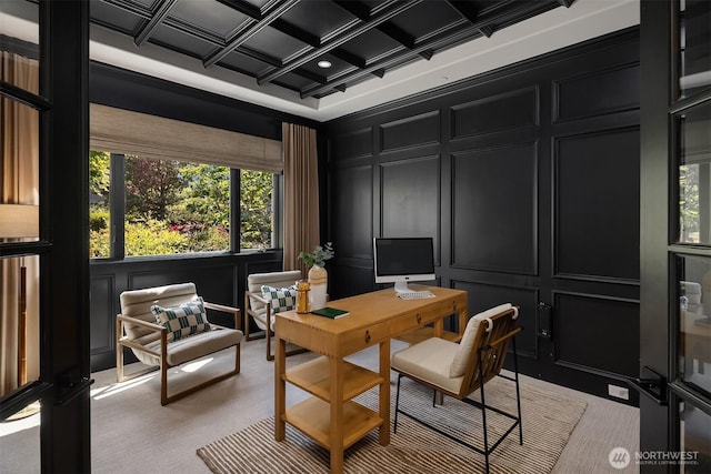 9234 NE 25th St, Clyde Hill, WA 98004 - office area with a decorative wall, coffered ceiling, and beam ceiling