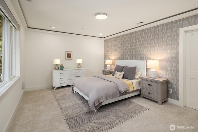 9234 NE 25th St, Clyde Hill, WA 98004 - bedroom featuring wallpapered walls, light carpet, and baseboards