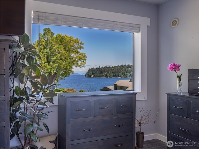 detailed view of baseboards and a water view