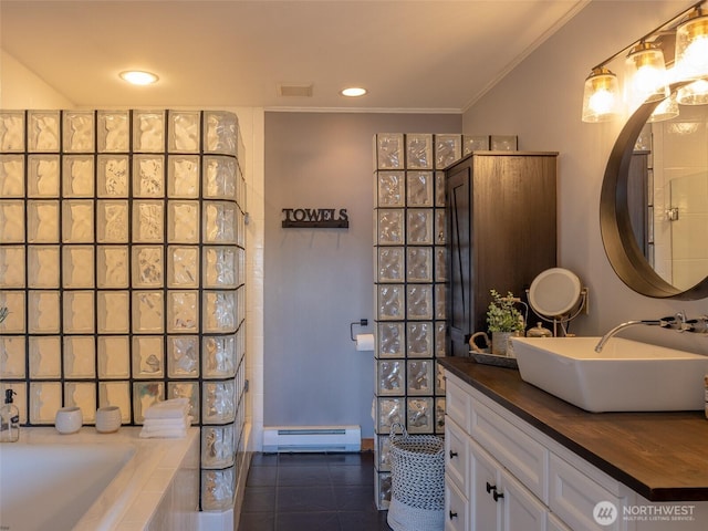 bathroom with baseboard heating, crown molding, tiled bath, tile patterned flooring, and recessed lighting