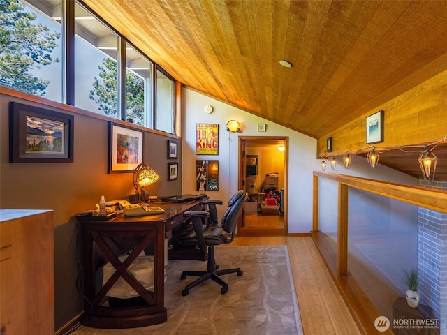 office area featuring wood ceiling, wood finished floors, and vaulted ceiling