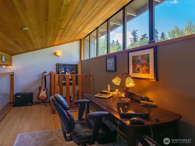 office featuring wood ceiling and wood finished floors