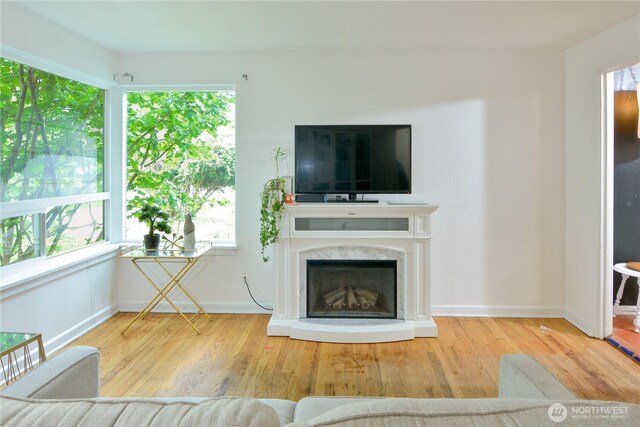 1917 NE 143rd St, Seattle, WA 98125 - living room featuring wood finished floors, a fireplace, and baseboards